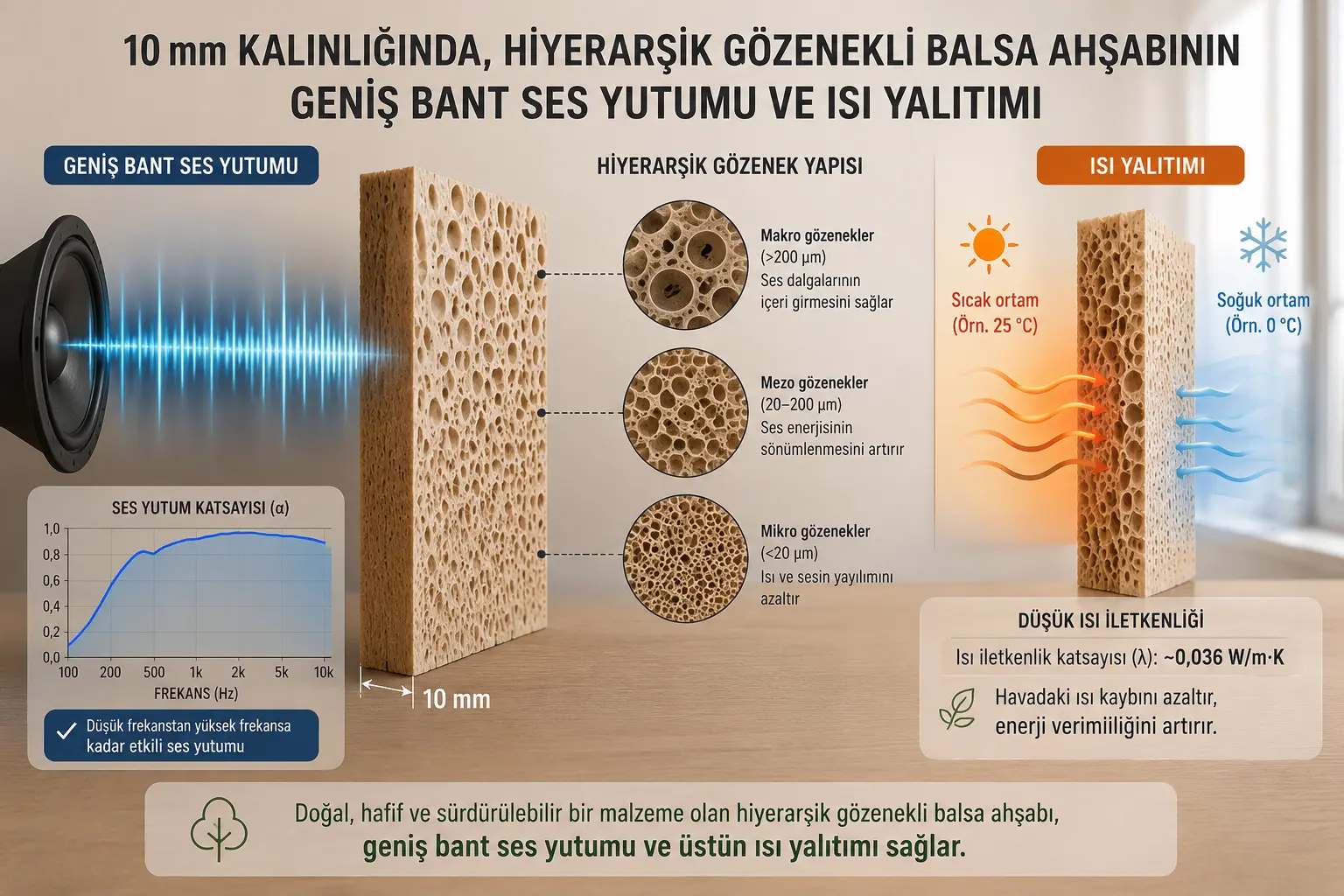 10 millimetrlik g‘ovak balsa yog‘ochi bir vaqtning o‘zida tovushni yuta oladimi va issiqlik o‘tishini sekinlashtira oladimi?