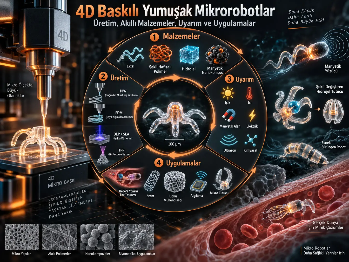 4D басылган жумшак микророботтор: акылдуу материалдардан программалануучу кыймылга жана биомедициналык колдонмолорго