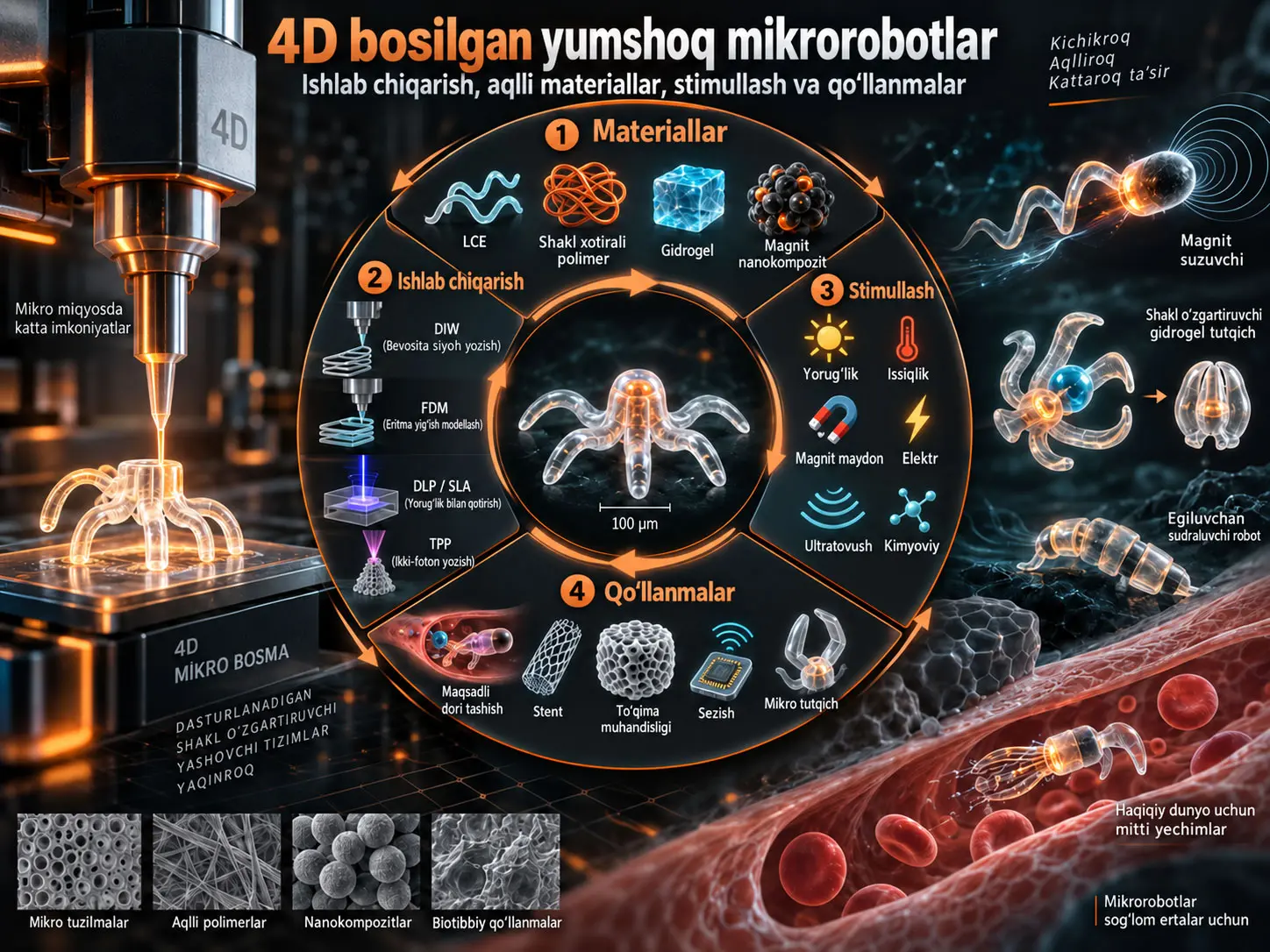 4D bosilgan yumshoq mikrorobotlar: aqlli materiallardan dasturlanadigan harakat va biotibbiy qo‘llanmalargacha