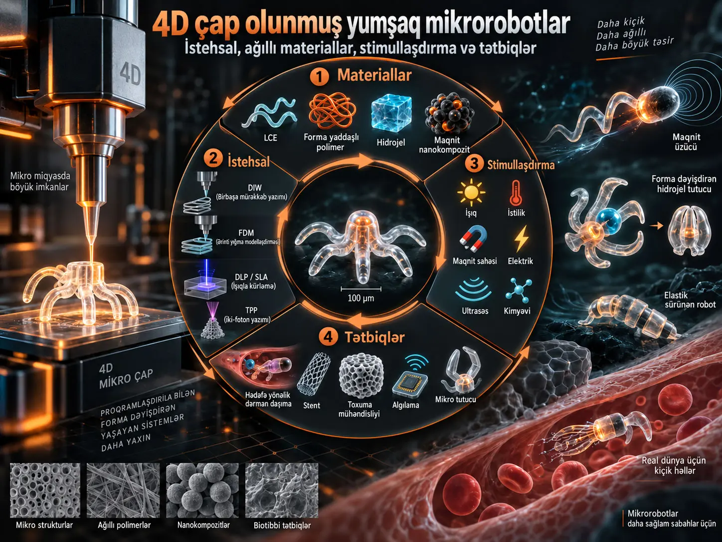 4D çap olunmuş yumşaq mikrorobotlar: ağıllı materiallardan proqramlaşdırıla bilən hərəkətə və biotibbi tətbiqlərə