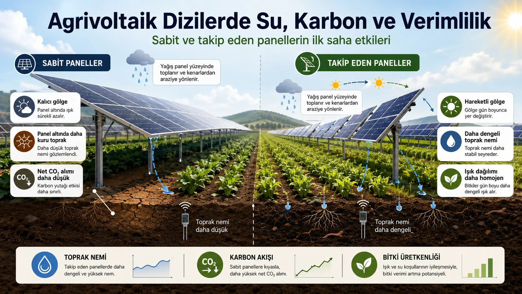 Agrivoltaik massivlarda soya, tuproq suvi va uglerod balansi: sobit va quyoshni kuzatuvchi panellardan dastlabki dala topilmalari