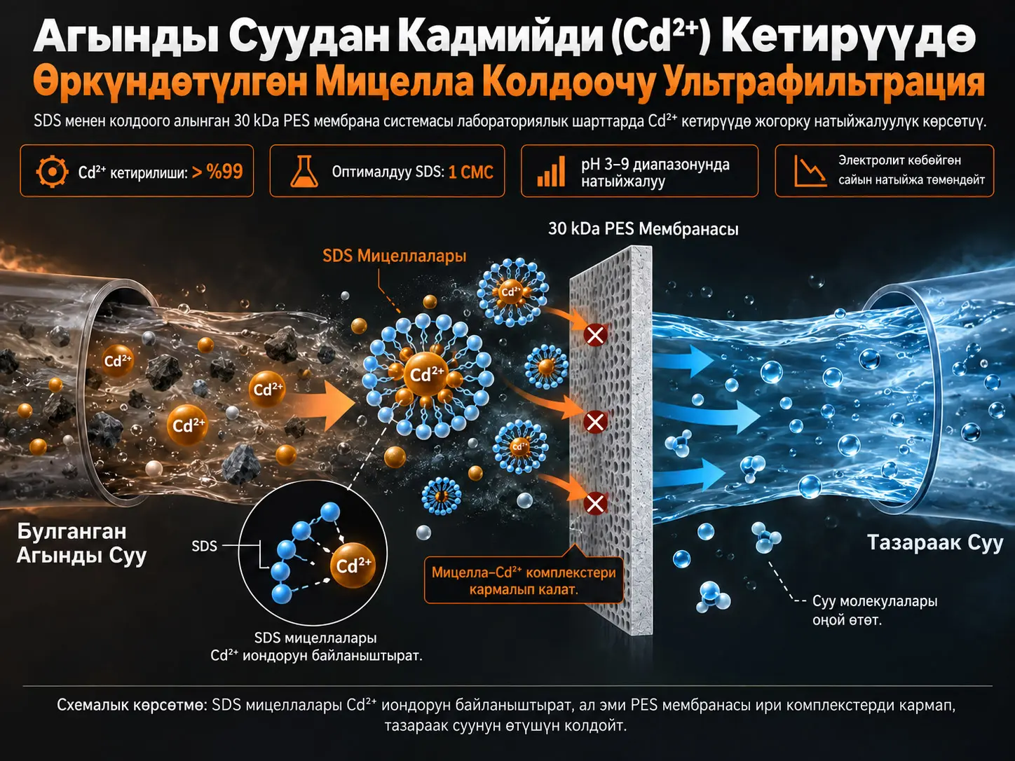 Агынды Суудан Кадмийди (Cd²⁺) Кетирүүдө Өркүндөтүлгөн Мицелла Колдоочу Ультрафильтрация