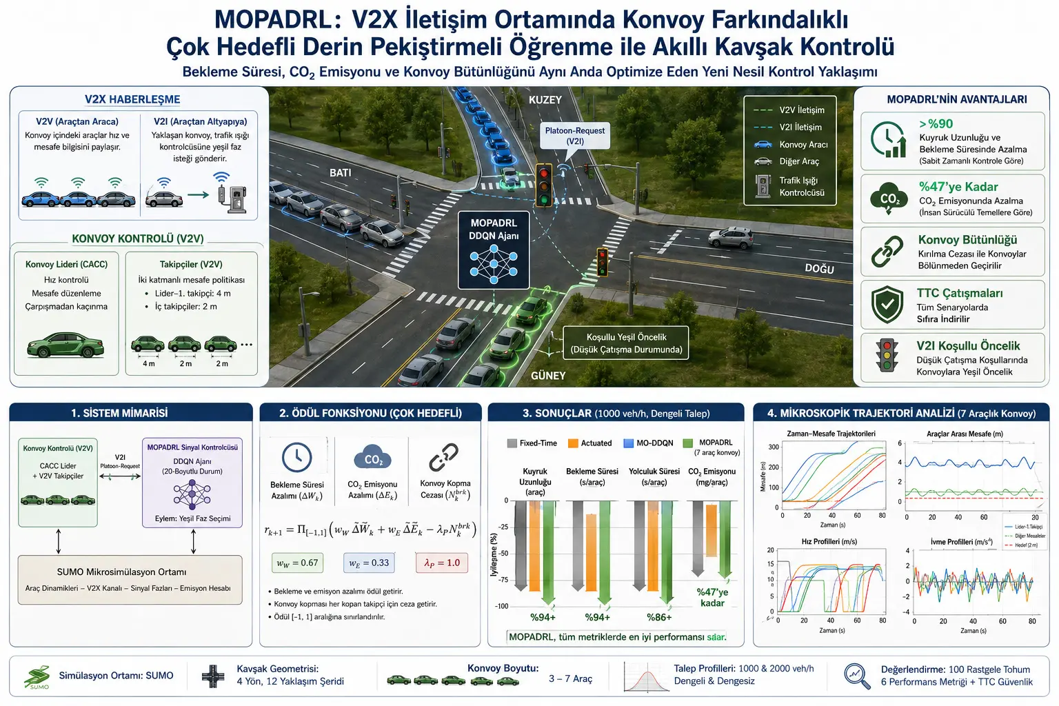 Aqlli chorrahalarda sun’iy intellekt va V2X: MOPADRL modeli tirbandlik, emissiya va avtomobil konvoylarining uzilishlarini qanday kamaytiradi?