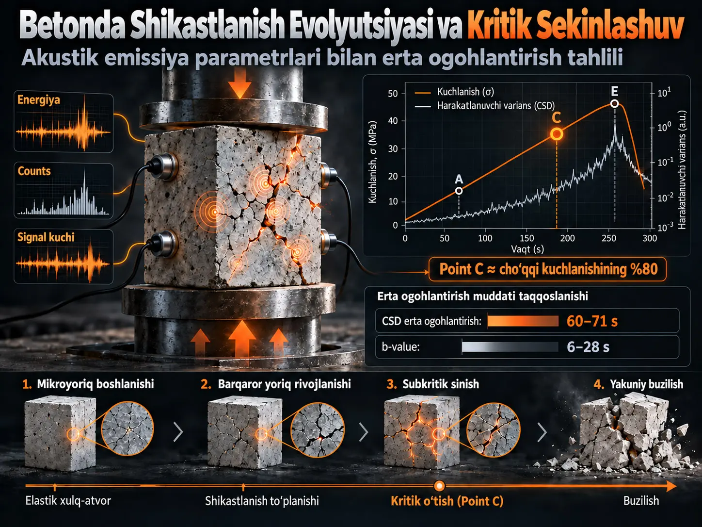 Akustik Emissiya Parametrlarining Kritik Sekinlashuv Xususiyatiga Asoslangan Beton Shikastlanishi Evolyutsiyasi Tahlili