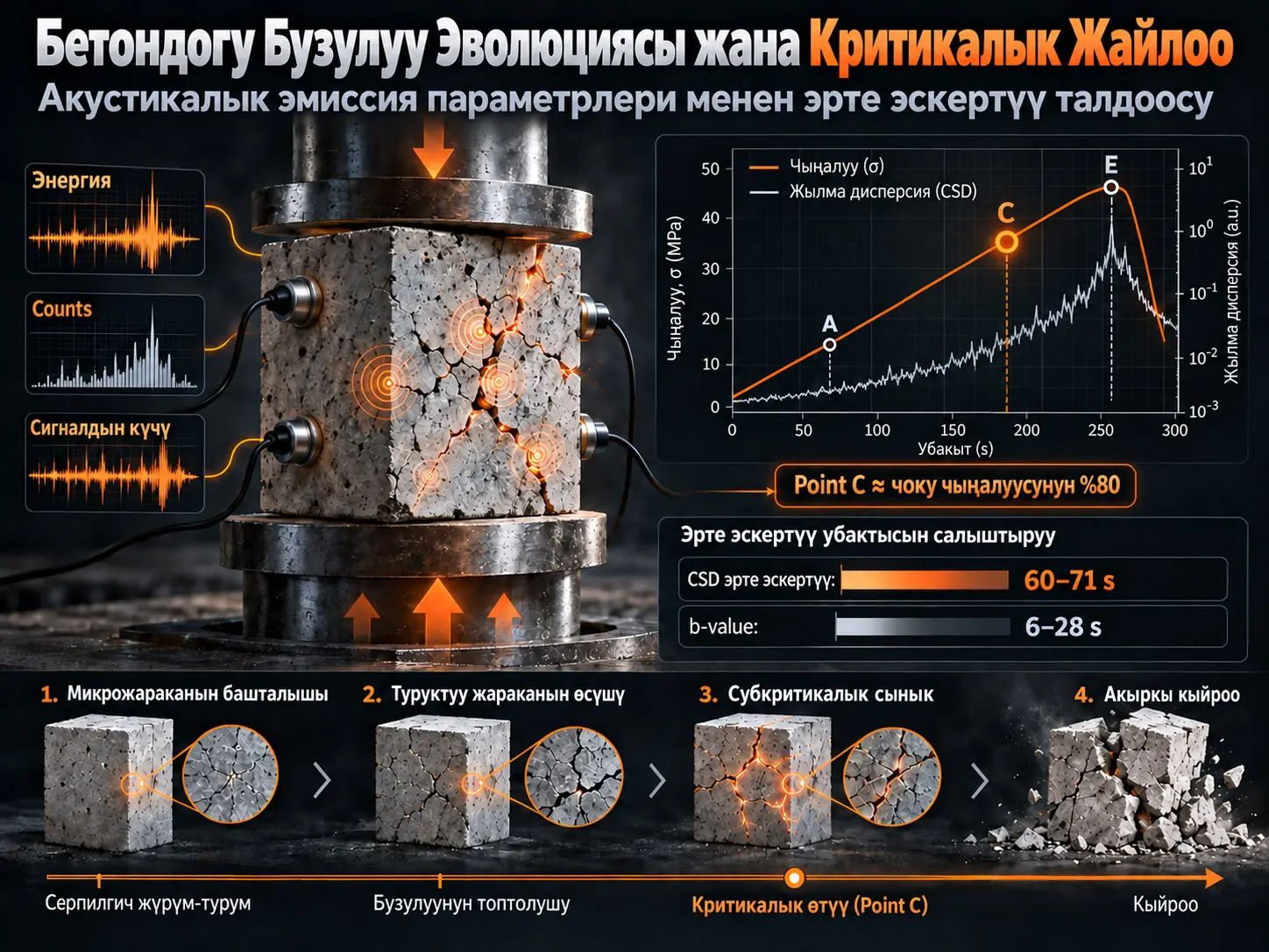 Акустикалык Эмиссия Параметрлеринин Критикалык Жайлоо Өзгөчөлүгүнө Негизделген Бетондун Бузулуу Эволюциясын Талдоо
