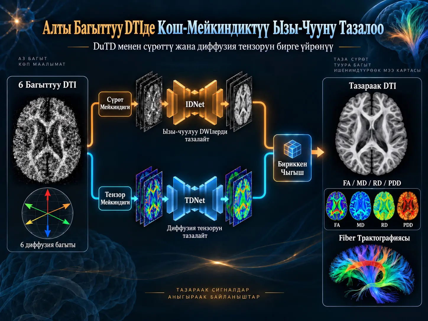 Алты Багыттуу DTIде Кош-Мейкиндиктүү Ызы-Чууну Тазалоо: DuTD менен Сүрөттү жана Диффузия Тензорун Бирге Үйрөнүү
