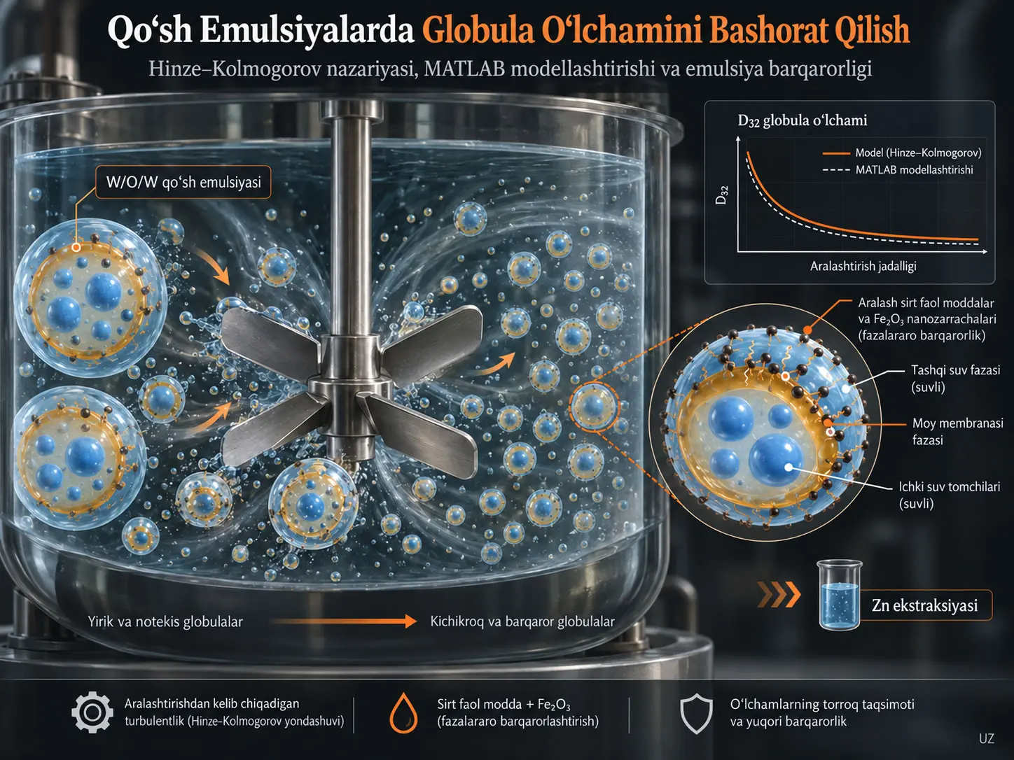 Aralash Sirt Faol Moddalar va Nanozarrachalar bilan Barqarorlashtirilgan Qoʻsh Emulsiyalarda Globulalar Oʻlchami Taqsimotini Hinze–Kolmogorov Nazariyasi Asosida Bashoratli Modellashtirish