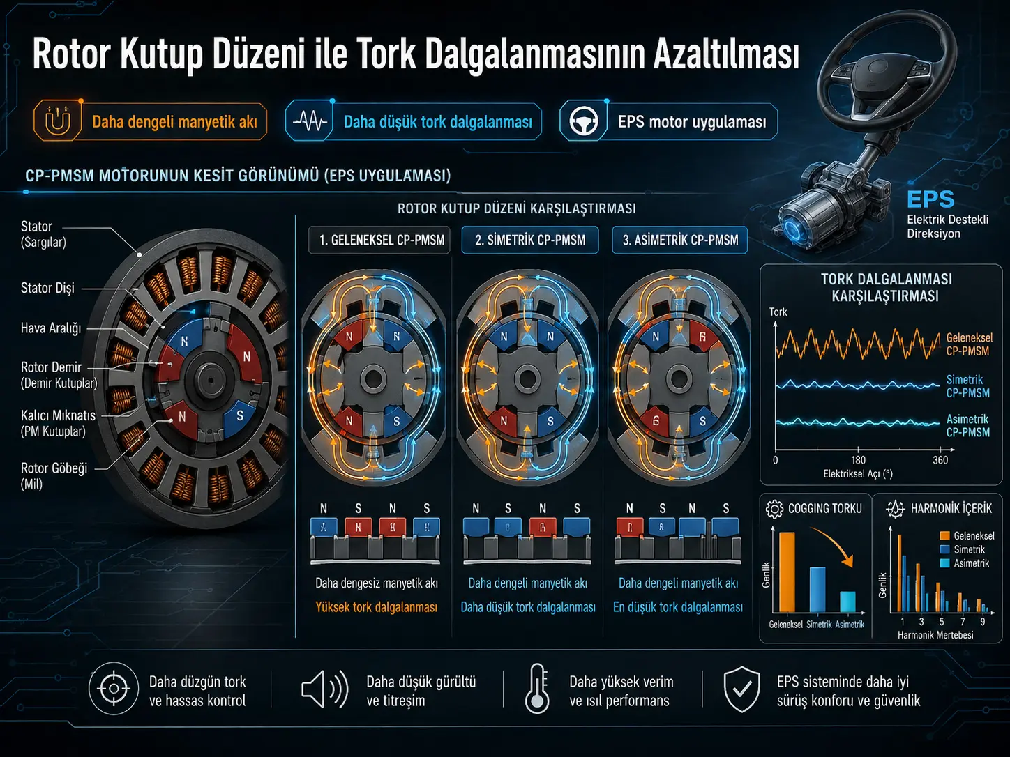 Ketma-ket qutbli doimiy magnitli sinxron motorlarda moment tebranishini kamaytirish uchun rotor qutblari tartibini loyihalash