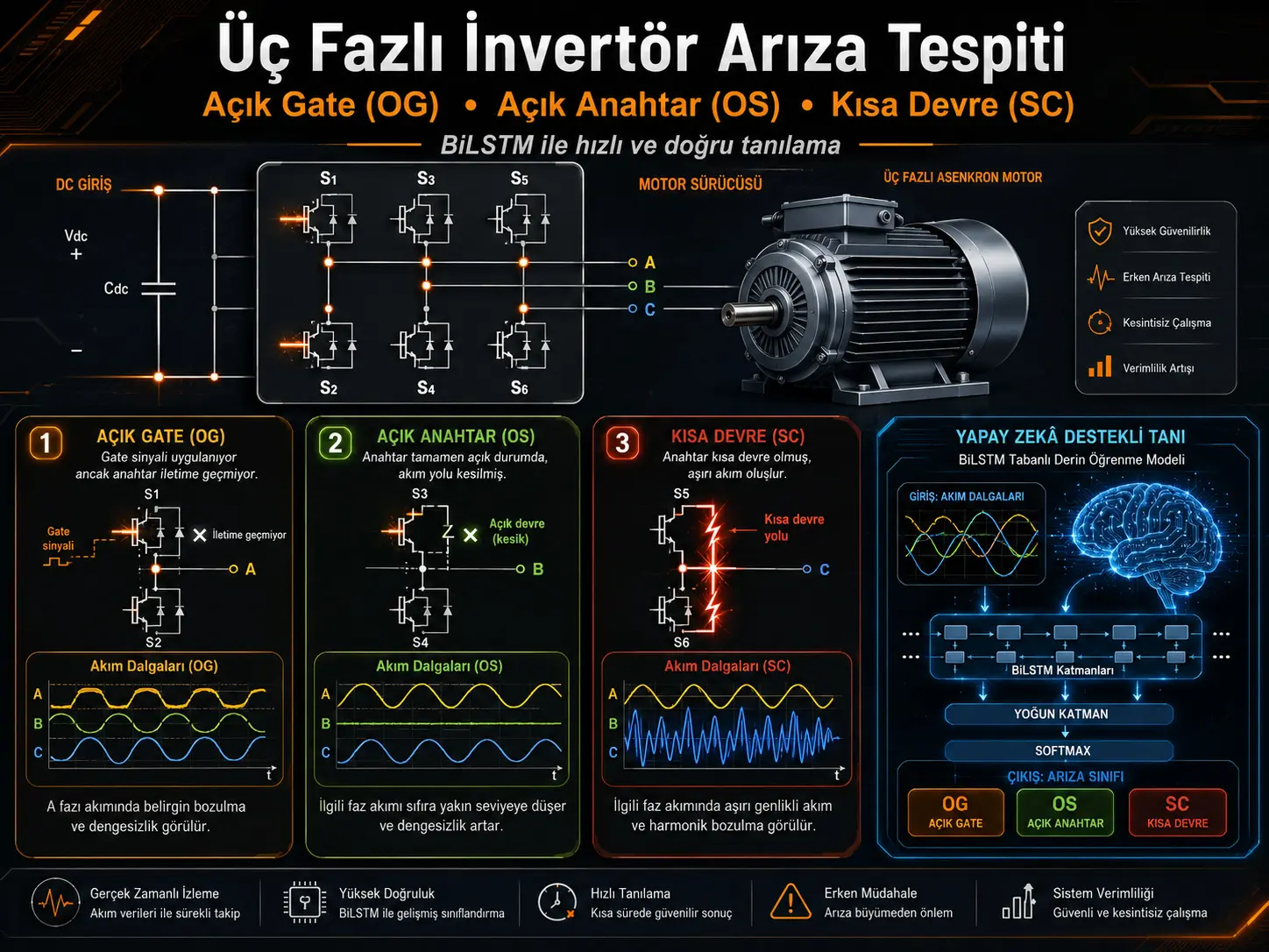 Asenkron Motor Sürücü Uygulamalarında Üç Fazlı İnvertör Anahtarlarının Açık Gate, Açık Anahtar ve Kısa Devre Arızalarının Tespiti