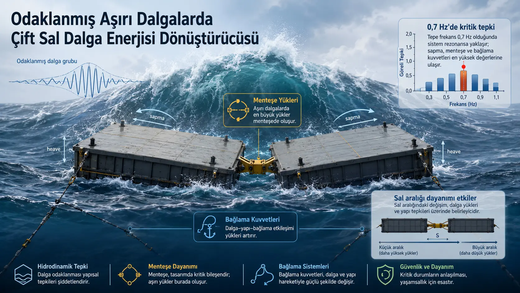 Ekstremal to‘lqinlar ostida sharnirli qo‘sh solli to‘lqin energiyasi o‘zgartirgichi: Rezonans, birikma yuklamalari va sollar oralig‘ining bardoshlikka ta’siri