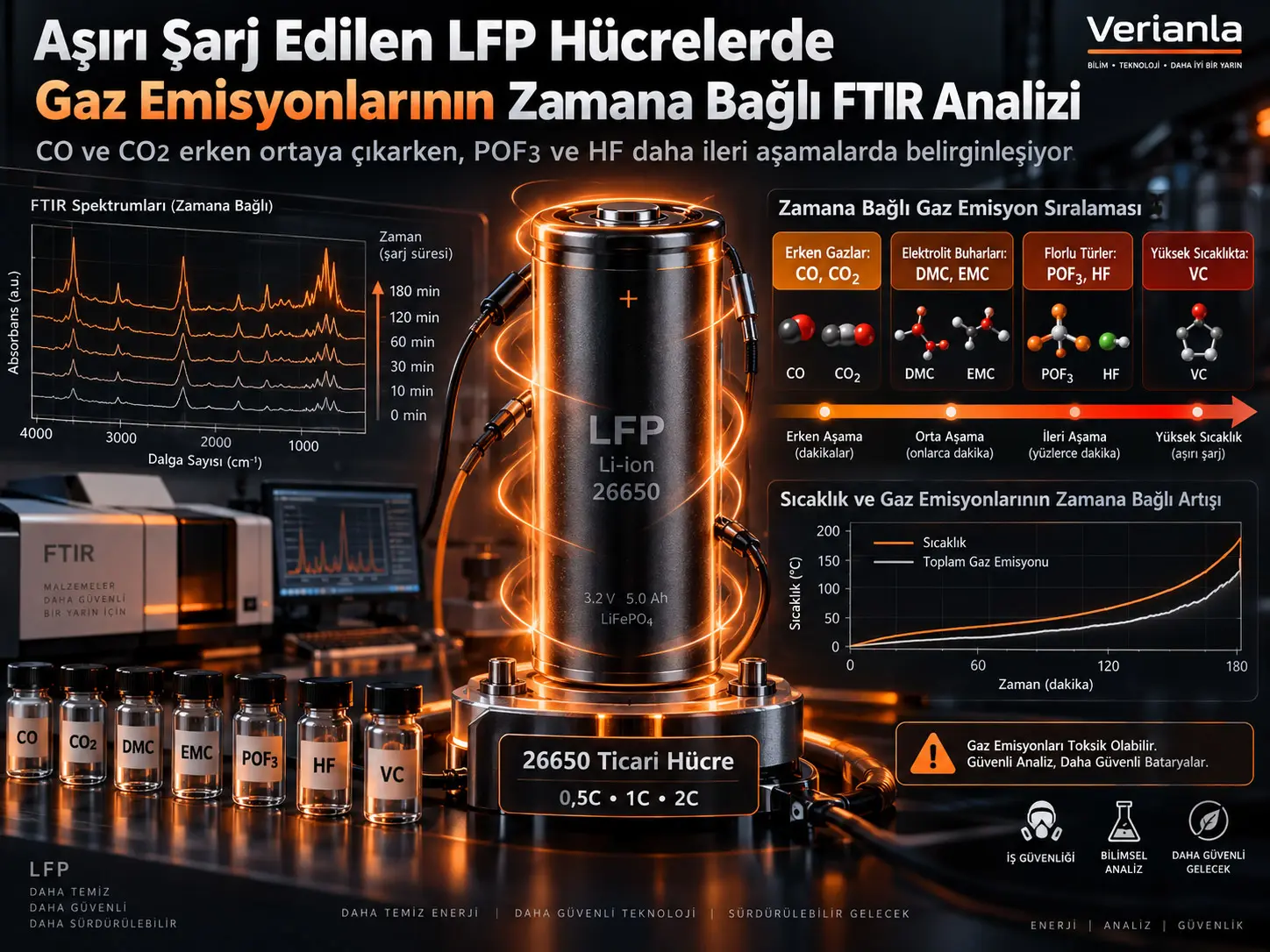 Aşırı Şarj Edilen Ticari LFP Lityum-İyon Hücrelerinde Gaz Emisyonlarının Zamana Bağlı FTIR Analizi