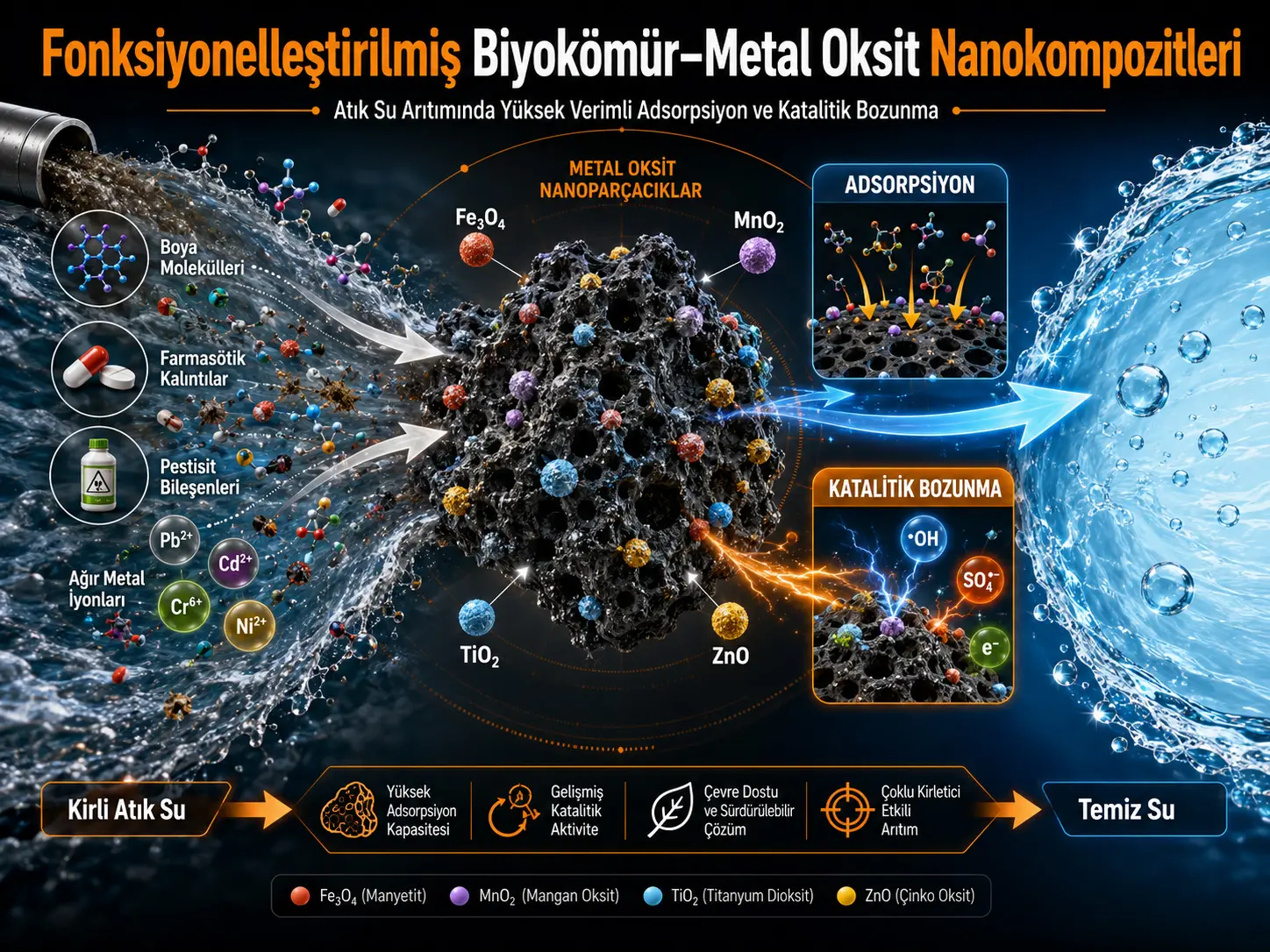 Oqova suvlarni tozalashda qiyin parchalanadigan ifloslantiruvchilarning katalitik parchalanishi uchun funksionallashtirilgan biokoʻmir–metall oksidi nanokompozitlari