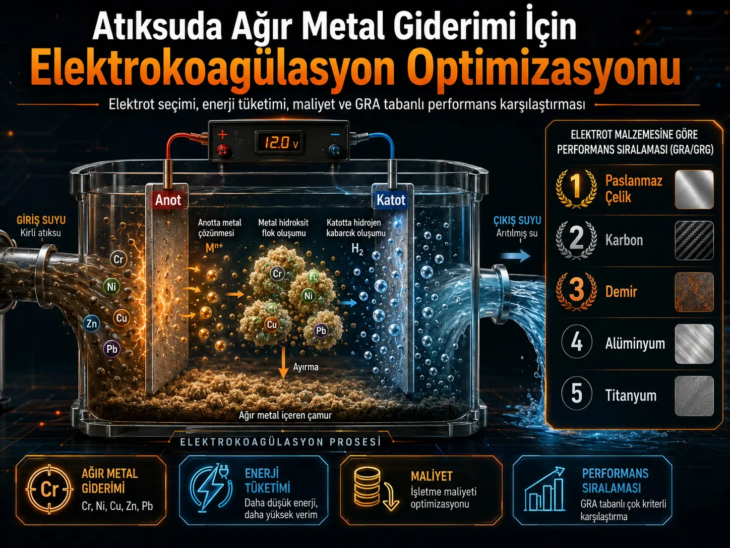 Oqava suvdan ogʻir metallarni yaxshilangan holda olib tashlash uchun elektrokoagulyatsiya jarayoni parametrlarini optimallashtirish: keng qamrovli sharh va eksperimental tadqiqot