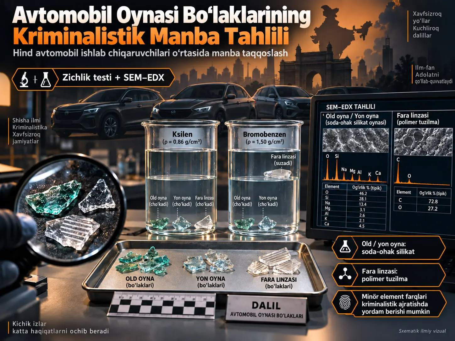 Avtomobil Oynasi Bo‘laklarining Kriminalistik Manba Tahlili: Zichlik va SEM–EDX orqali Transport Vositalari Ishlab Chiqaruvchilarini Ajratish
