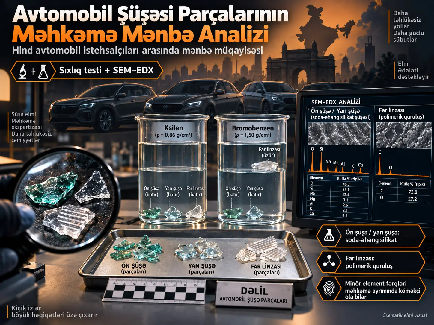 Avtomobil Şüşəsi Parçalarının Məhkəmə Mənbə Analizi: Sıxlıq və SEM–EDX ilə Nəqliyyat Vasitəsi İstehsalçılarının Fərqləndirilməsi