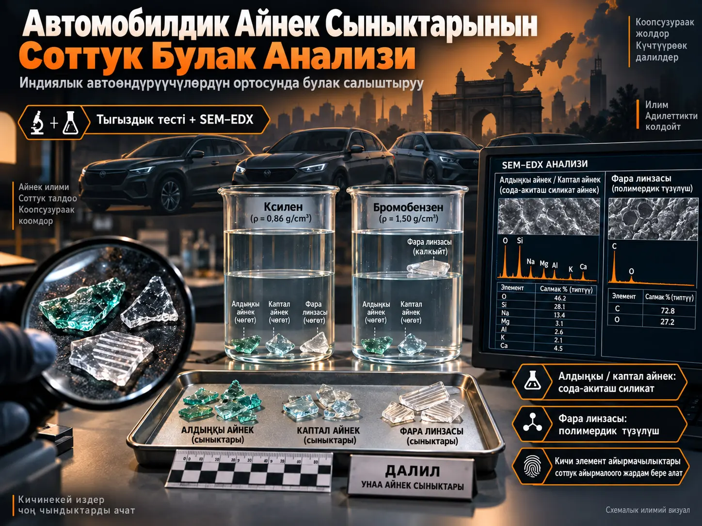 Автомобилдик Айнек Сыныктарынын Соттук Булак Анализи: Тыгыздык жана SEM–EDX Аркылуу Унаа Өндүрүүчүлөрүн Айырмалоо