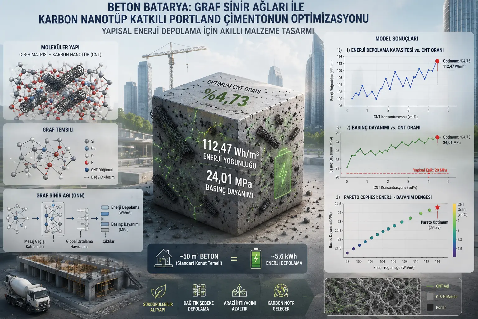 Beton binolar energiya saqlay oladimi? Uglerod nanotubali Portland sementini graf neyron tarmoqlari bilan optimallashtirish