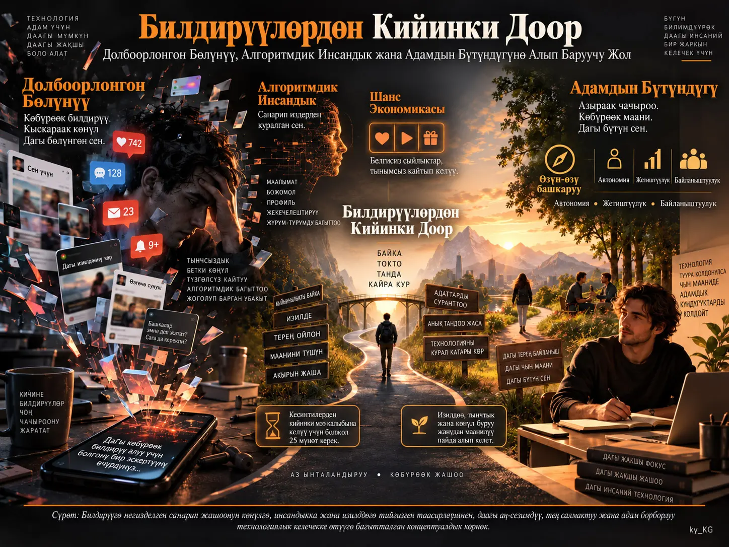 Билдирүүлөрдөн Кийинки Доор: Долбоорлонгон Бөлүнүү, Алгоритмдик Инсандык жана Адамдын Бүтүндүгүнө Алып Баруучу Жол