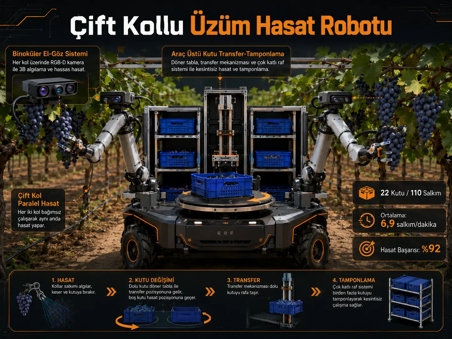 Binokulyar qo‘l-ko‘z tizimi va bortdagi quti transfer-buferlash tizimiga ega ikki qo‘lli uzum yig‘ish roboti