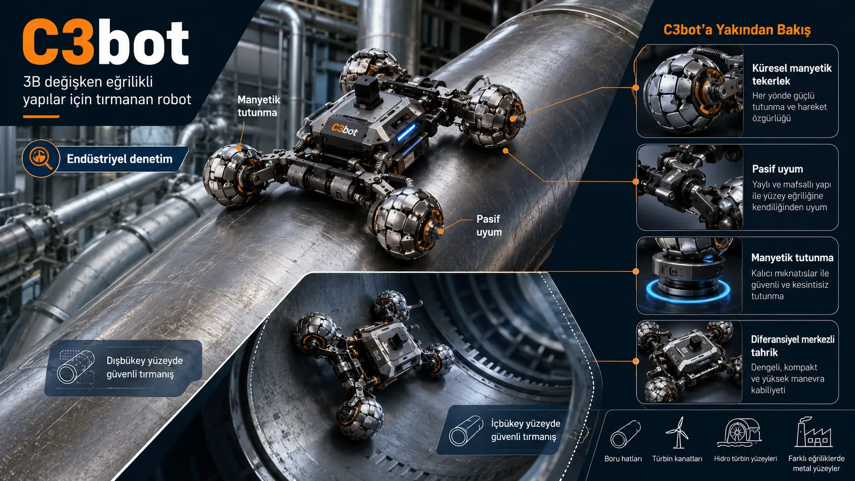 C3bot: 3D o‘zgaruvchan egrilikli tuzilmalar uchun tirmashuvchi robot