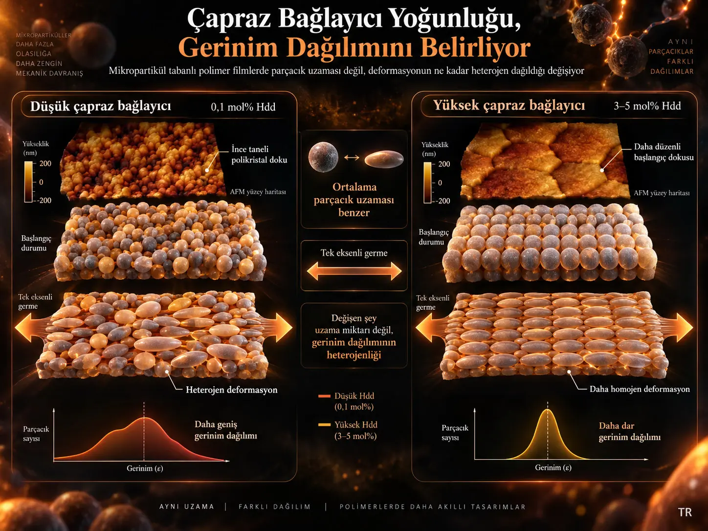 Çapraz Bağlayıcı Yoğunluğu, Mikropartikül Tabanlı Polimer Filmlerde Parçacık Uzamasından Çok Gerinim Dağılımını Kontrol Ediyor
