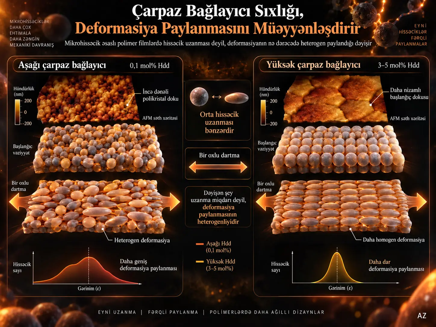 Çarpaz Bağlayıcı Sıxlığı Mikrohissəcik Əsaslı Polimer Filmlərdə Hissəcik Uzamasından Çox Deformasiya Paylanmasını İdarə Edir