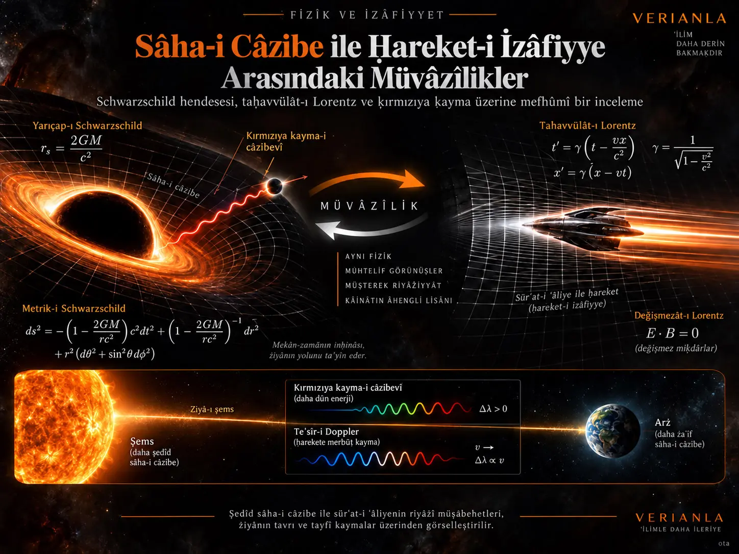 Câzibe Sâhasındaki Mevżiʿ ile Ḥareket-i İzâfiyye Arasındaki Müvâzîlikler: Schwarzschild Hendesesi, Taḥavvülât-ı Lorentz ve Ziyâ-ı Şemsin Ḳırmızıya Doğru Tebdîl-i Mekânı