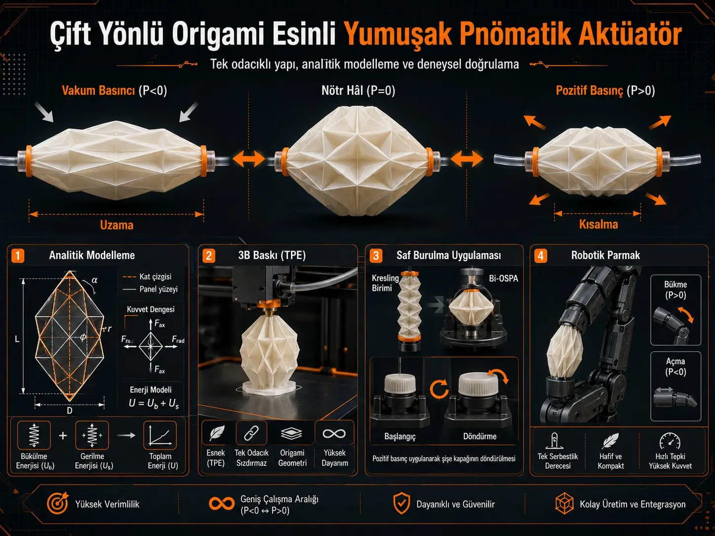 Çift Yönlü Origami Esinli Yumuşak Pnömatik Bir Aktüatörün Tasarımı ve Modellenmesi