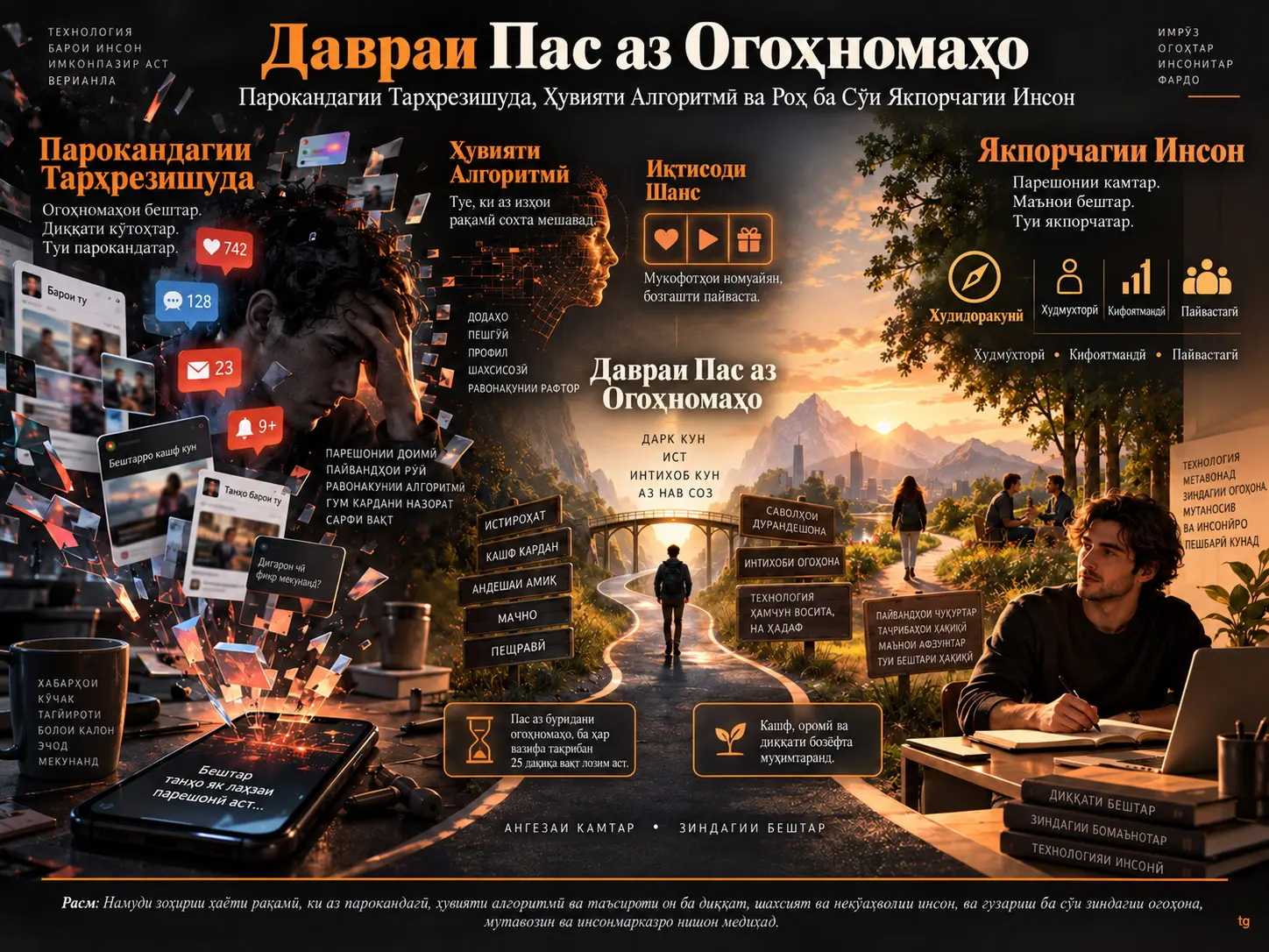 Давраи Пас аз Огоҳномаҳо: Парокандагии Тарҳрезишуда, Ҳувияти Алгоритмӣ ва Роҳ ба Сӯи Якпорчагии Инсон