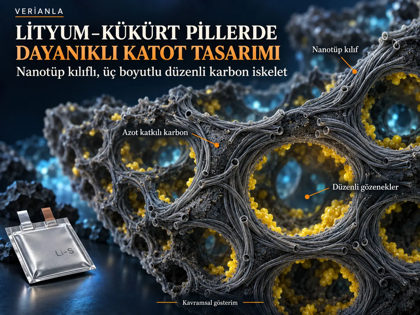 Dayanıklı Lityum–Kükürt Piller İçin Polisülfür Dönüşümünü Hızlandıran Nanotüp Kılıflı, Üç Boyutlu Düzenli Azot Katkılı Karbon İskelet