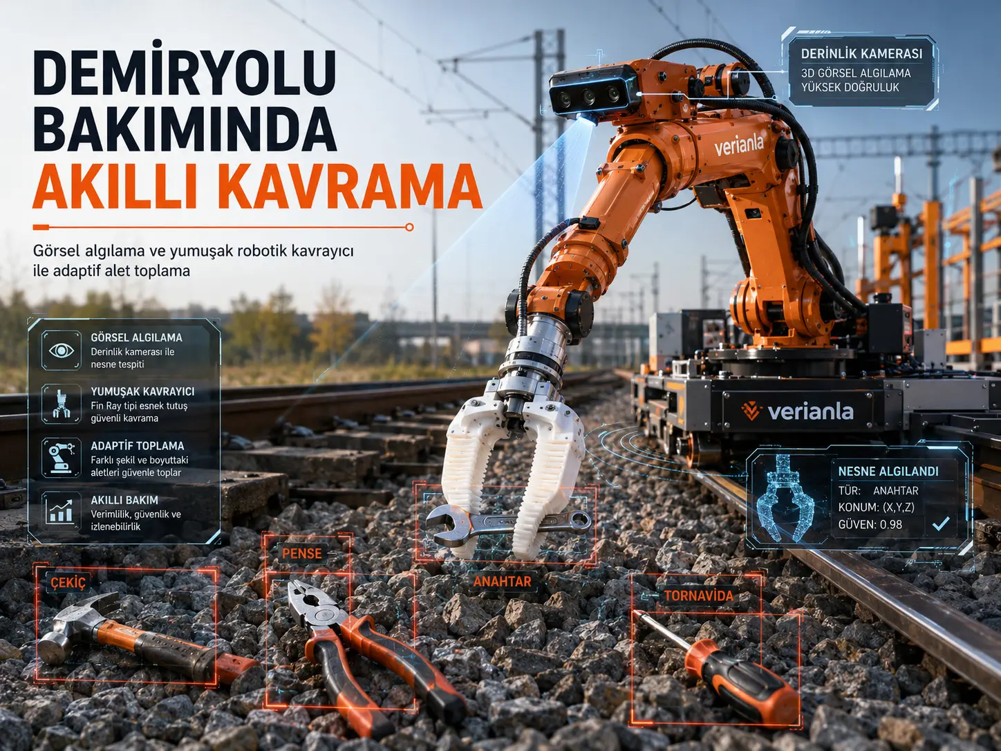 Temiryo‘l texnik xizmat asboblarini moslashuvchan boshqarish uchun integratsiyalashgan vizual idrok va yumshoq robotik ushlash tizimi