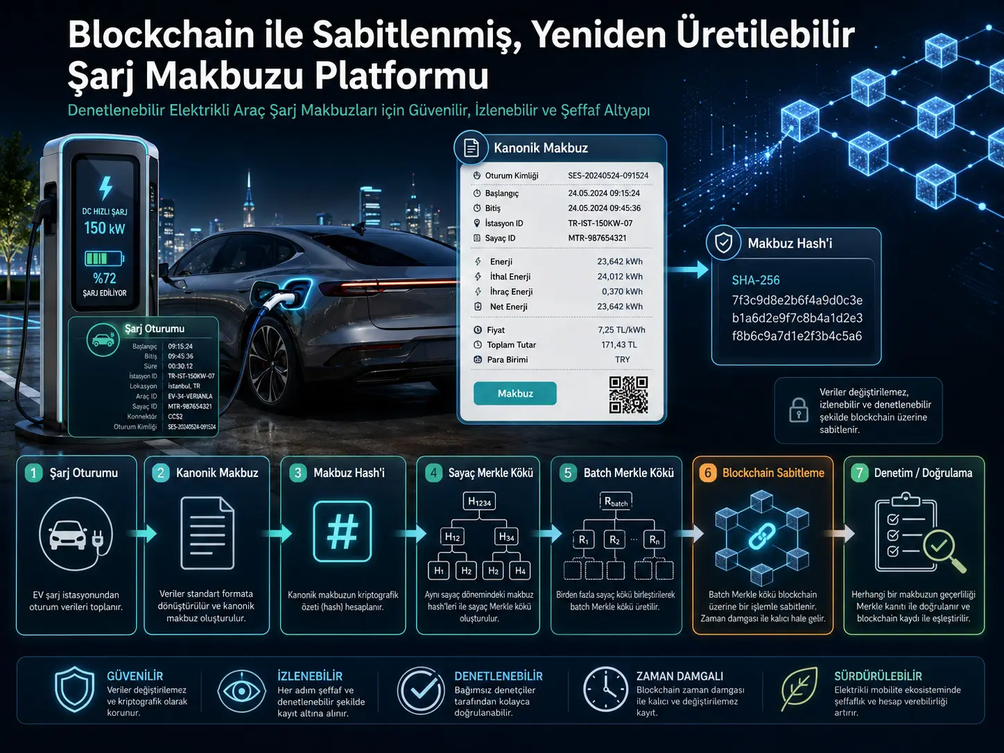 Tekshiriladigan elektr transport vositasi quvvatlash kvitansiyalari uchun blockchain’ga ankarlangan takrorlanuvchi Proof-of-Charge platformasi