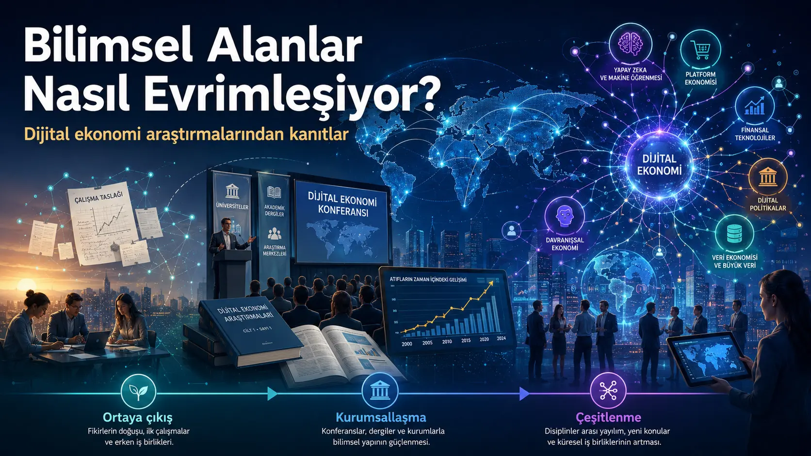 Raqamli iqtisodiyot tadqiqotlari qanday ilmiy sohaga aylandi? 8.426 konferensiya ishi asosida 1989-2024 tahlili