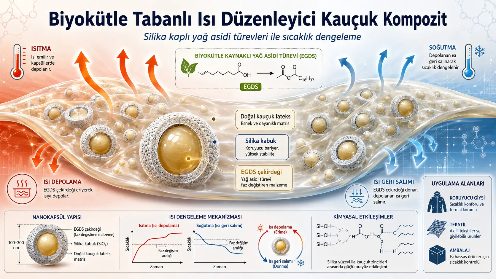Doğal Kauçuk Lateksi ve Silika Kaplı Yağ Asidi Türevlerinden Biyokütle Kökenli Sıcaklık Düzenleyici Polimer Kompozit
