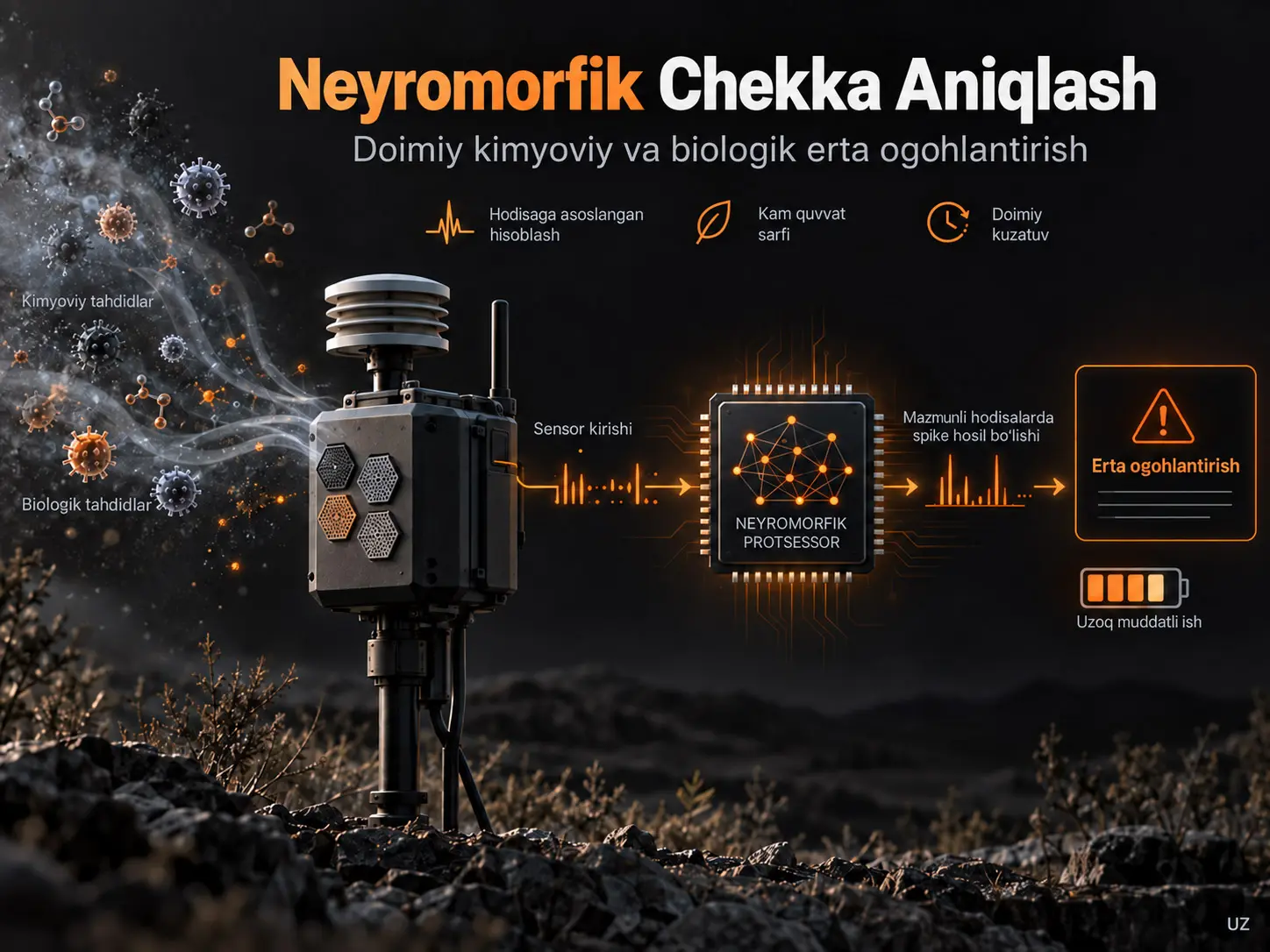 Doimiy Kimyoviy va Biologik Tahdidlarni Erta Ogohlantirish uchun Neyromorfik Chekka Aniqlash