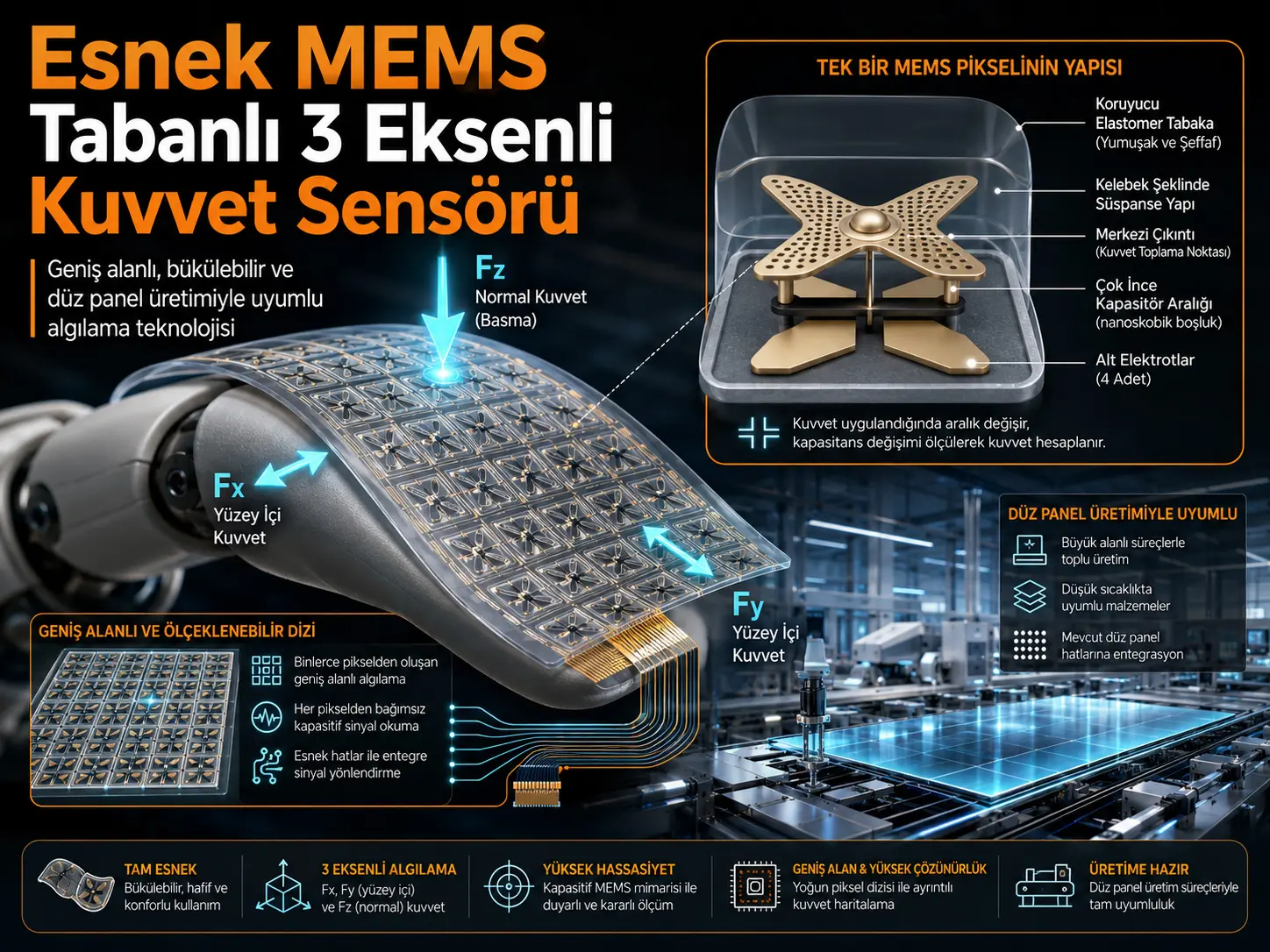 Сенсори се меҳвараи қувваи MEMS-асосёфтаи комилан чандир ва масоҳати калон, мувофиқ бо истеҳсоли дисплейи панели ҳамвор