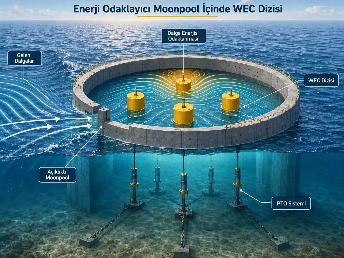 Energiya Fokuslovchi Moonpool Ichida Joylashtirilgan Vertikal Tebranuvchi Buoy WEC Massivlarining To‘lqin Energiyasini Olish Unumdorligi