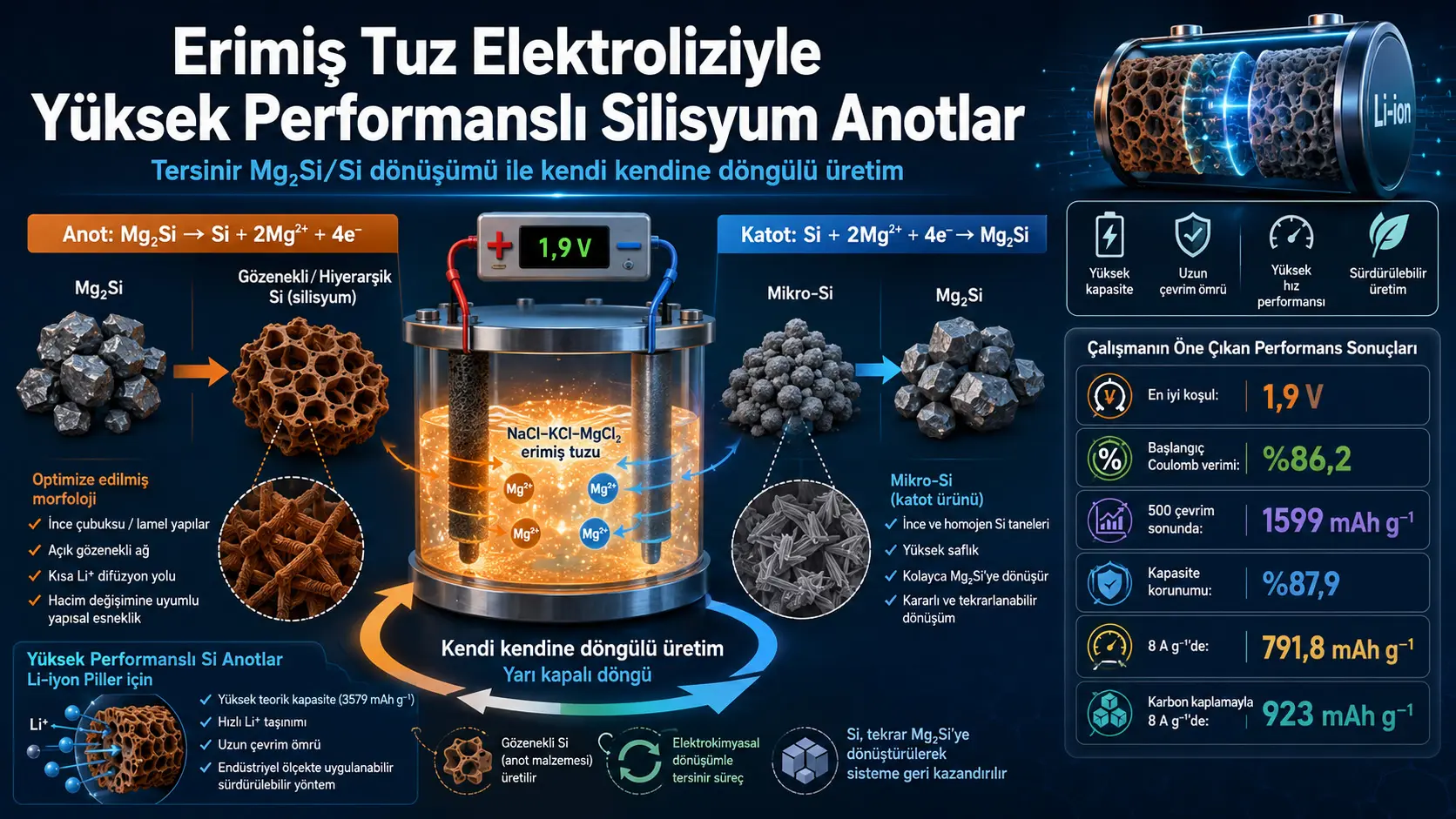 Erimiş Tuz Eşleştirilmiş Elektrolizinde Tersinir Mg2Si/Si Dönüşümü Yoluyla Yüksek Performanslı Silisyum Anotların Kendi Kendine Döngülü Üretimi