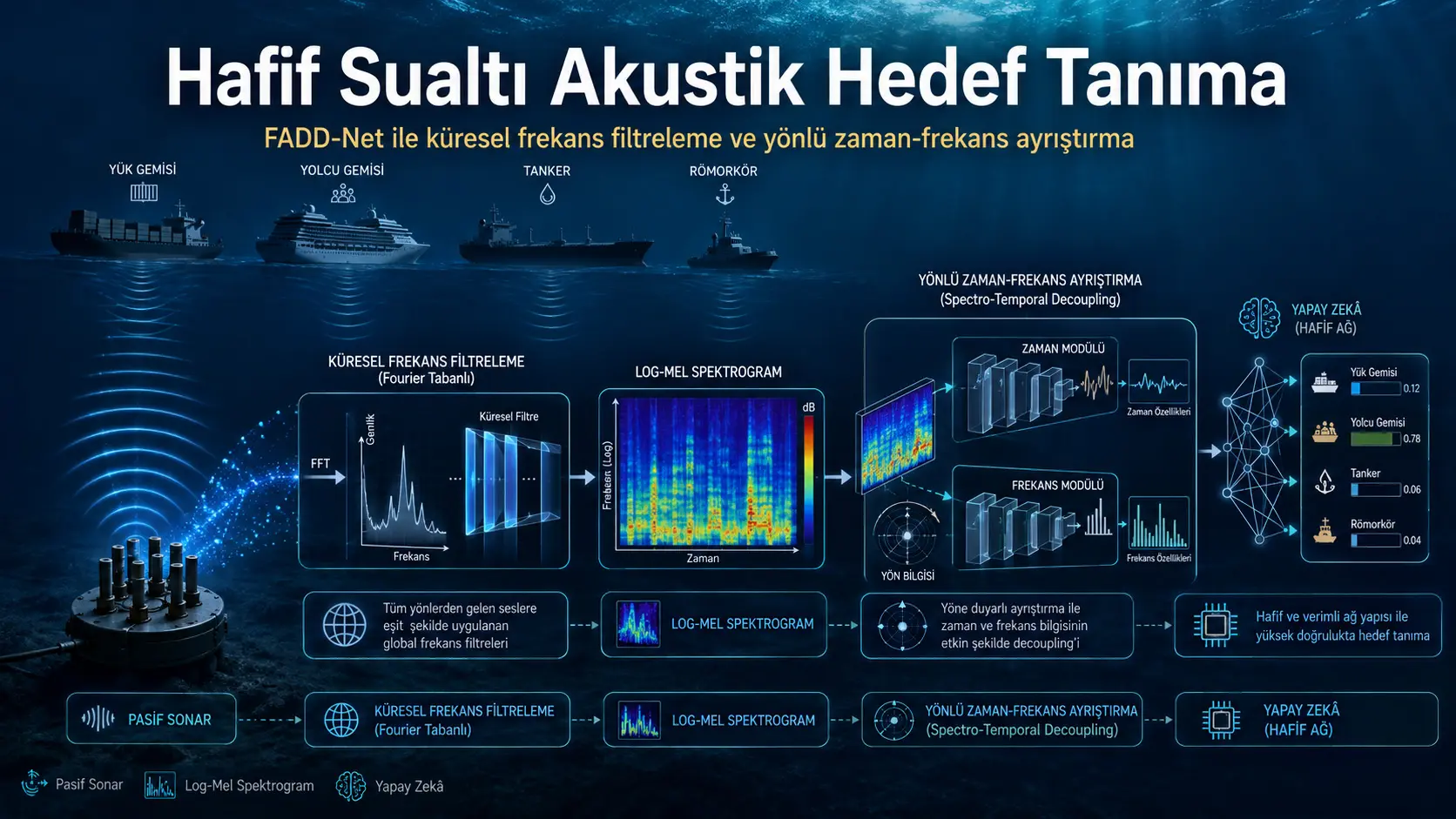 FADD-Net: Küresel Frekans Filtreleme ve Yönlü Zaman-Frekans Ayrıştırmayla Hafif Sualtı Akustik Hedef Tanıma
