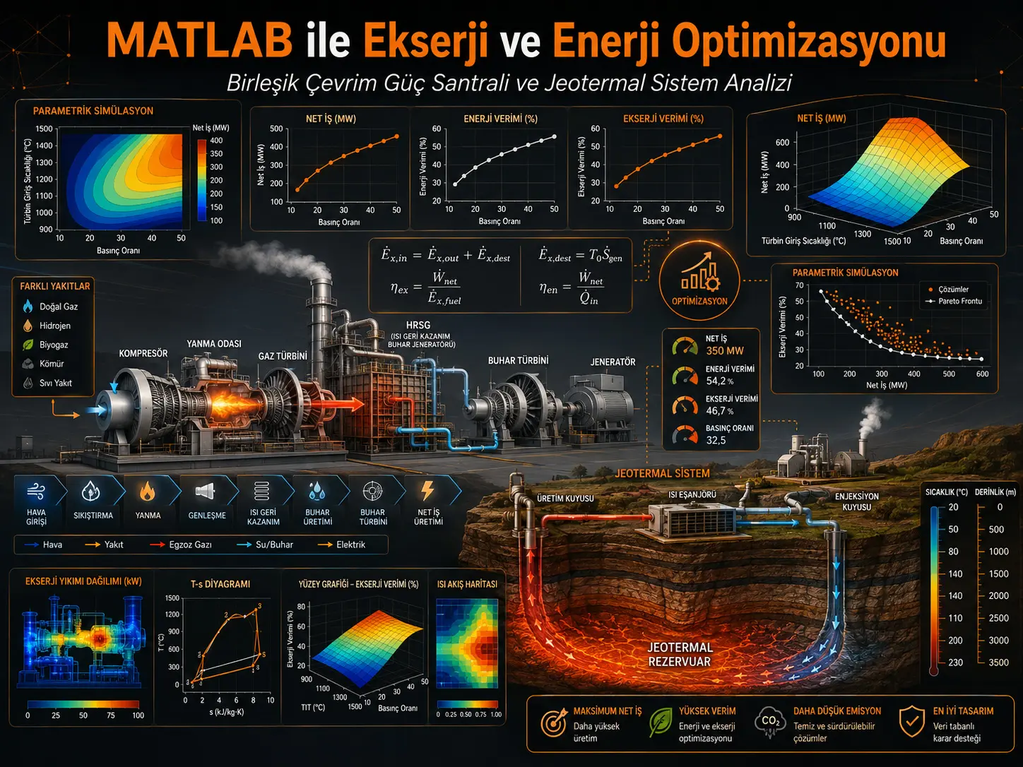 Turli yoqilg‘ilar va geotermal energetika tizimlaridan foydalaniladigan kombinatsiyalangan siklli elektr stansiyasini optimallashtirish maqsadida eksergetik tadqiq etish: MATLAB simulyatsiya tahlili