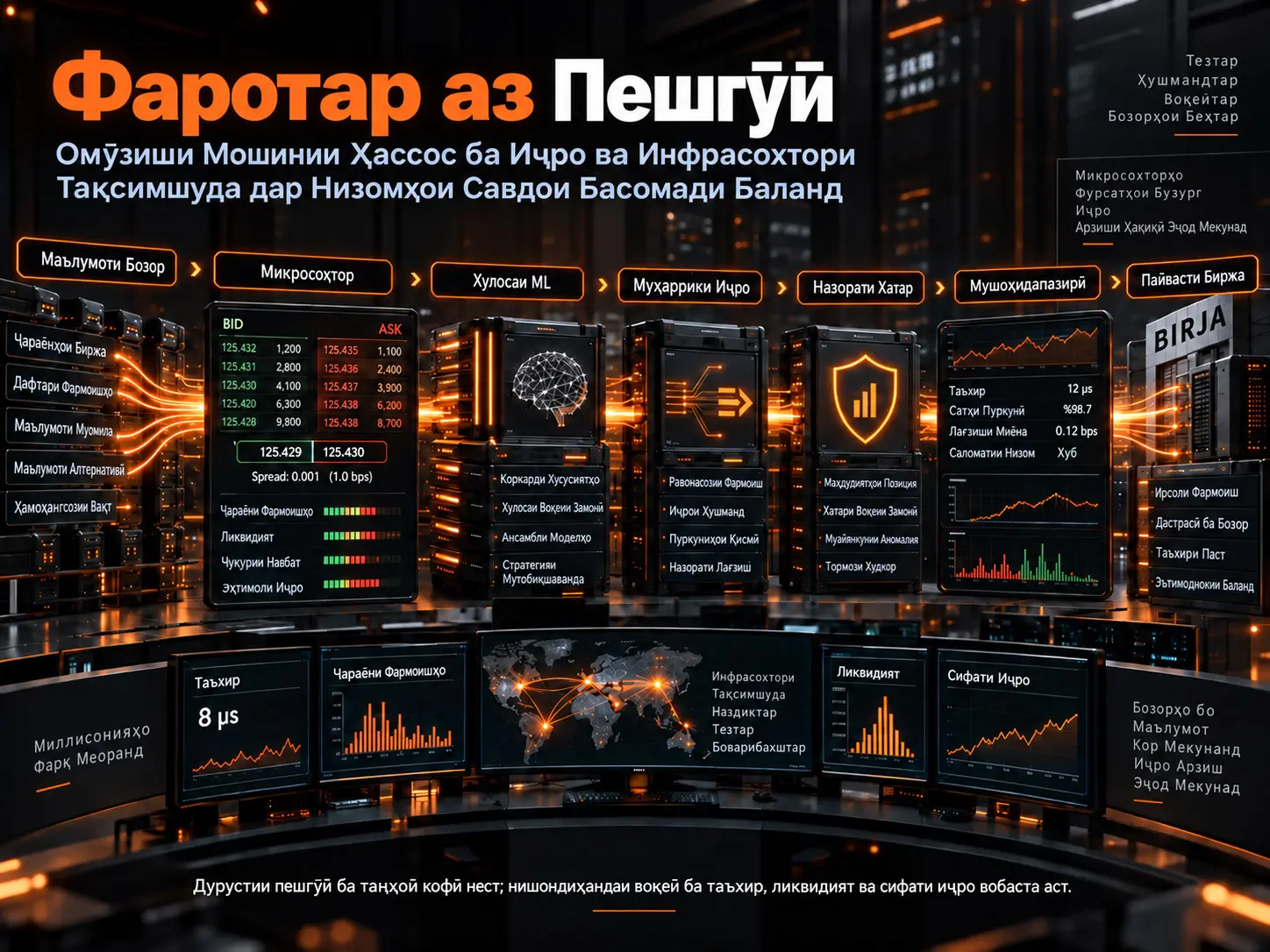 Фаротар аз Пешгӯӣ: Омӯзиши Мошинии Ҳассос ба Иҷро ва Инфрасохтори Тақсимшуда дар Низомҳои Савдои Басомади Баланд