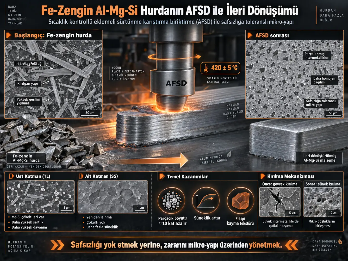 Fe-Zengin Al-Mg-Si Hurdasının İleri Dönüşümü İçin Sıcaklık Kontrollü Eklemeli Sürtünme Karıştırma Biriktirme: Safsızlığa Dayanıklı Mikro-Yapılar, Çökelti Evrimi ve Mekânsal Mikro-Yapı Farklılıkları