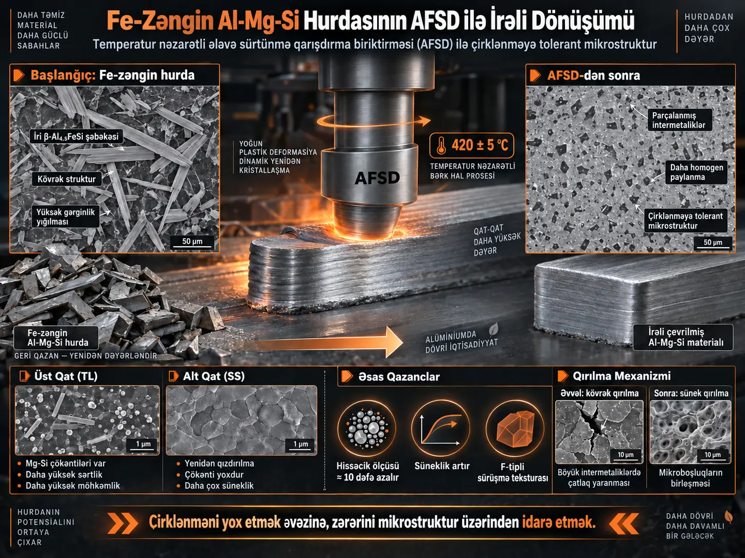 Fe-Zəngin Al-Mg-Si Qırıntısının Yüksək Dəyərli Təkrar Emalı üçün Temperaturla İdarə Olunan Additiv Sürtünmə Qarışdırma Çökdürülməsi: Çirklərə Davamlı Mikrostrukturlar, Çöküntü Təkamülü və Məkan üzrə Mikrostruktur Fərqləri