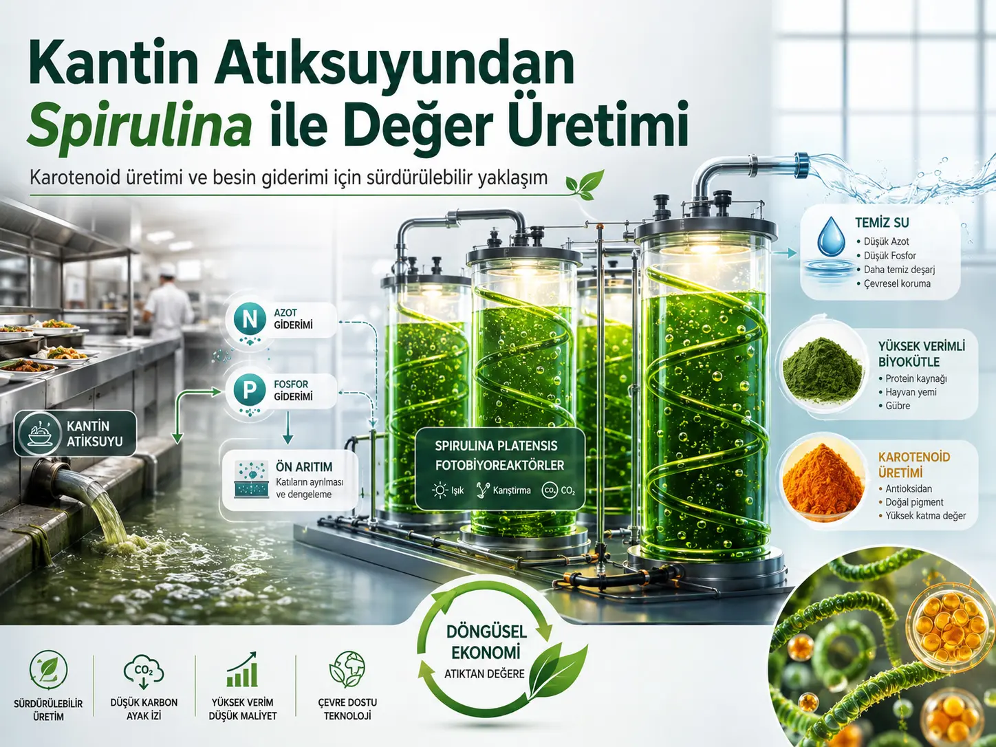 Yaxshilangan Karotenoid Ishlab Chiqarish va Oziqa Moddalarni Olib Tashlash uchun Optimallashtirilgan Spirulina Platensis Yetishtirish Orqali Oshxona Oqova Suvini Qadrlash