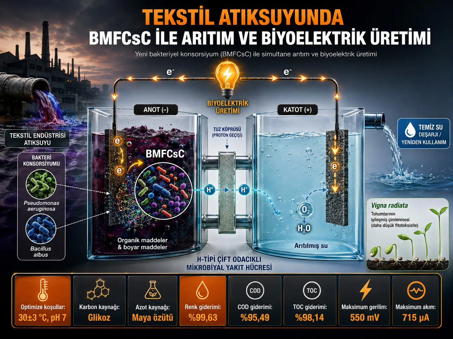 Haqiqiy To‘qimachilik Sanoati Oqova Suvini Yangi Bakterial Mikrobial Yoqilg‘i Hujayrasi Konsorsiumi (BMFCsC) Yordamida Tozalash Jarayonini Bir Vaqtda Bioelektr Ishlab Chiqarish Bilan Optimallashtirish
