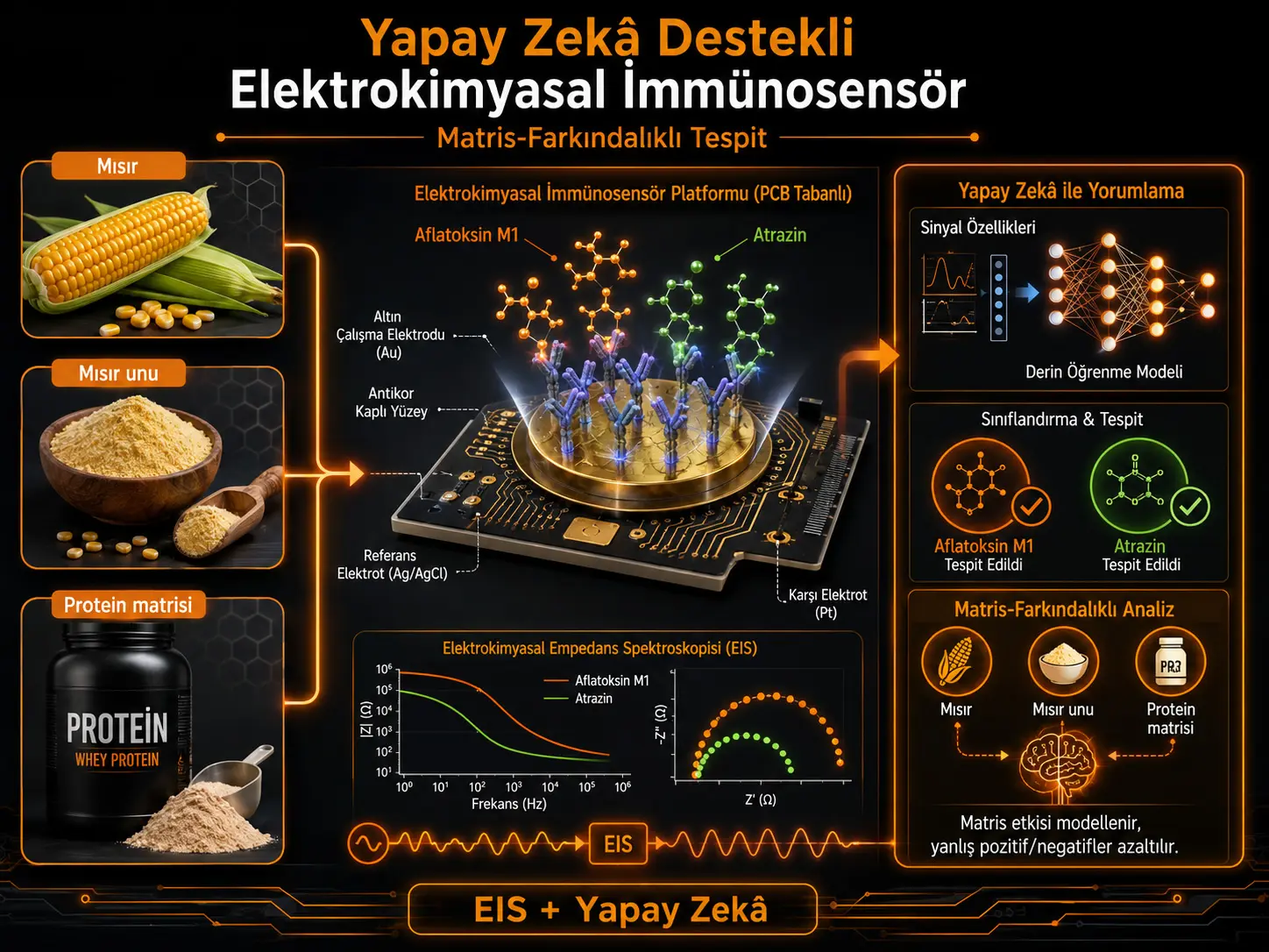 Oziq-Ovqat Matritsalarida Aflatoksin M1 va Atrazinni Matritsaga Mos Aniqlash uchun Sun’iy Intellekt Yordamidagi Elektrokimyoviy Immunosensorlash