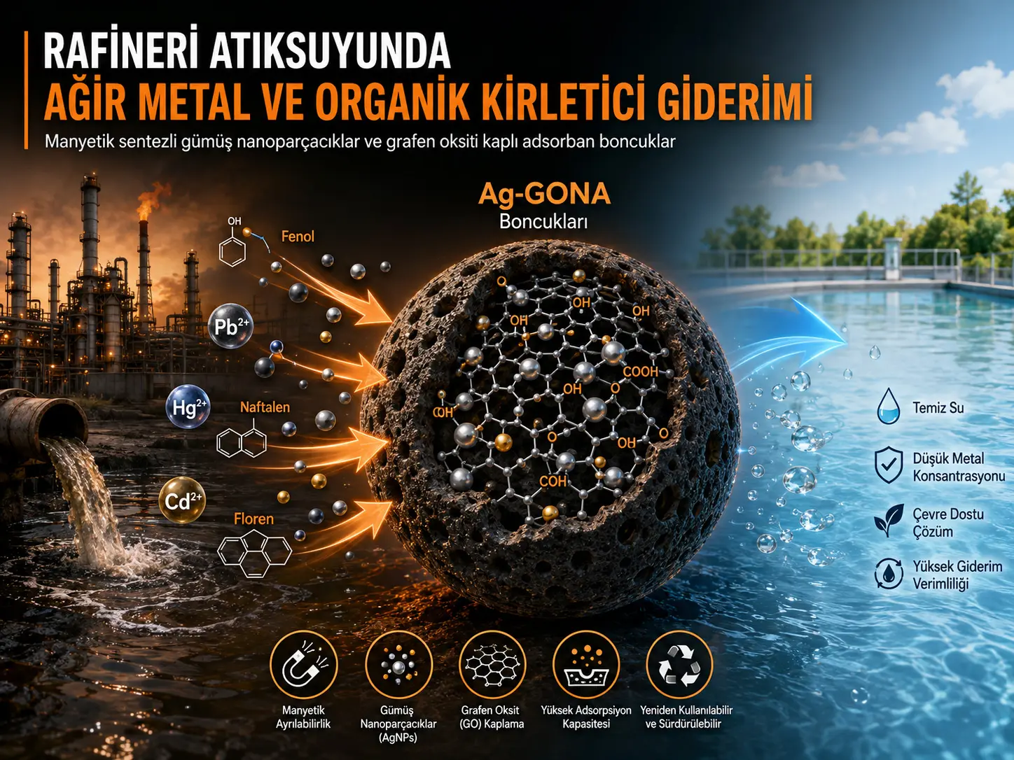 Grafen oksid bilan qoplangan, magnit tarzda sintez qilingan kumush nanozarralar yordamida neftni qayta ishlash oqova suvidan ogʻir metall ionlari va organik ifloslantiruvchilarning adsorbsiyasi