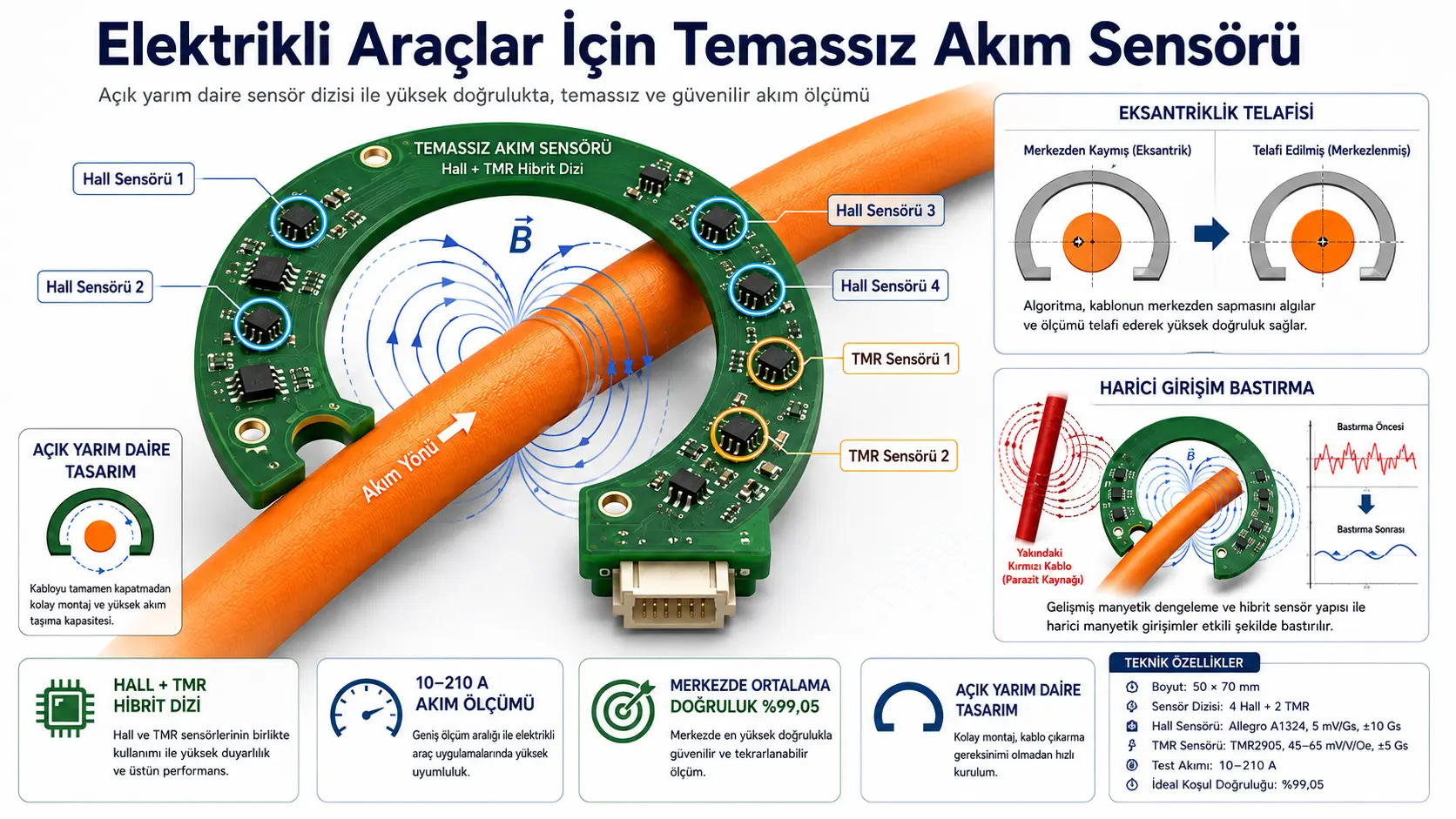 Hall Etkisi ve TMR Elemanlarından Oluşan Hibrit Yarım Dairesel Diziye Dayalı Elektrikli Araçlar İçin Temassız Akım Sensörünün Tasarımı ve Optimizasyonu