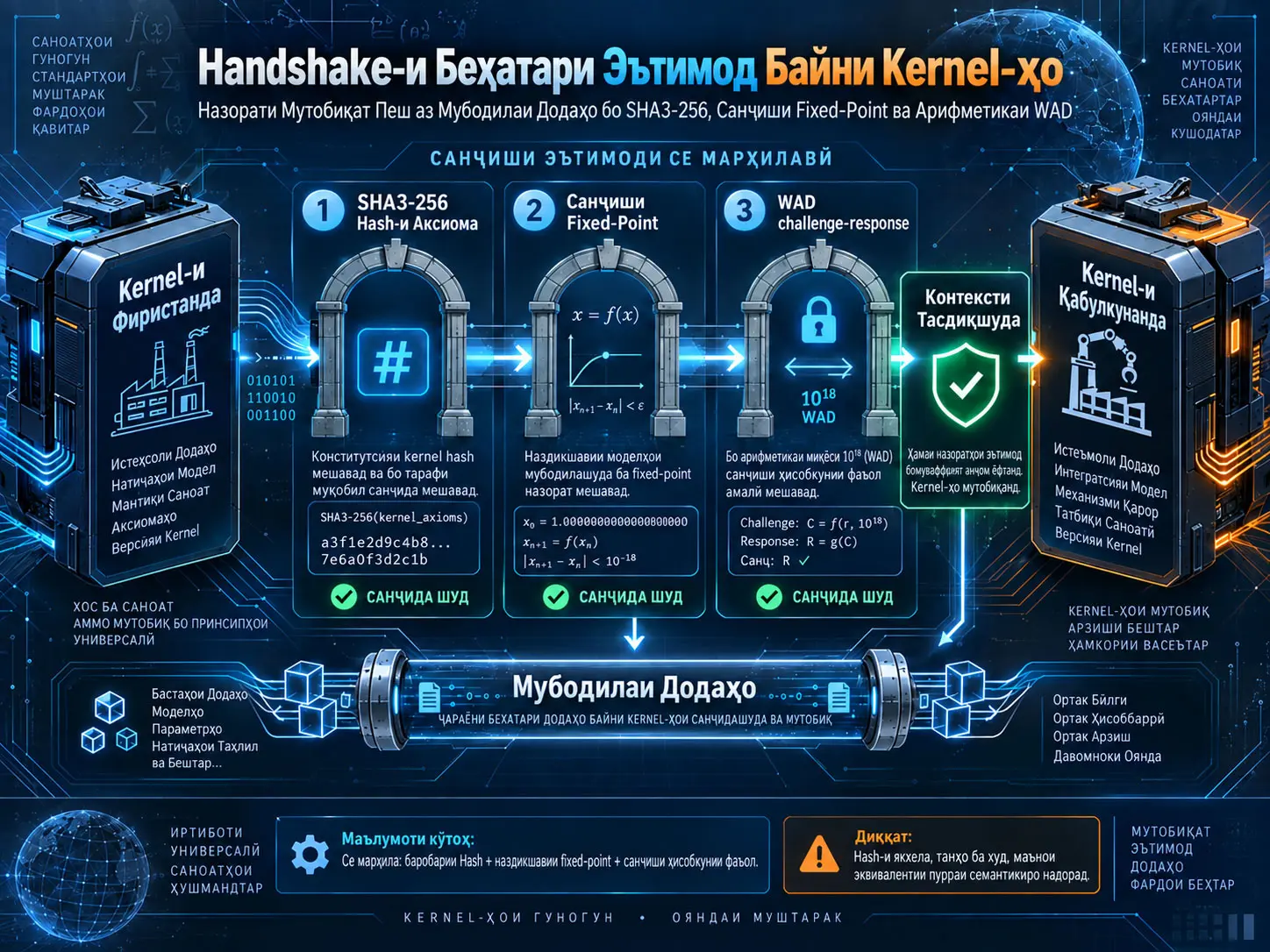 Handshake-и Эътимод Байни Kernel-ҳо: Назорати Мутобиқат Пеш аз Мубодилаи Додаҳо бо SHA3-256, Санҷиши Fixed-Point ва Арифметикаи WAD
