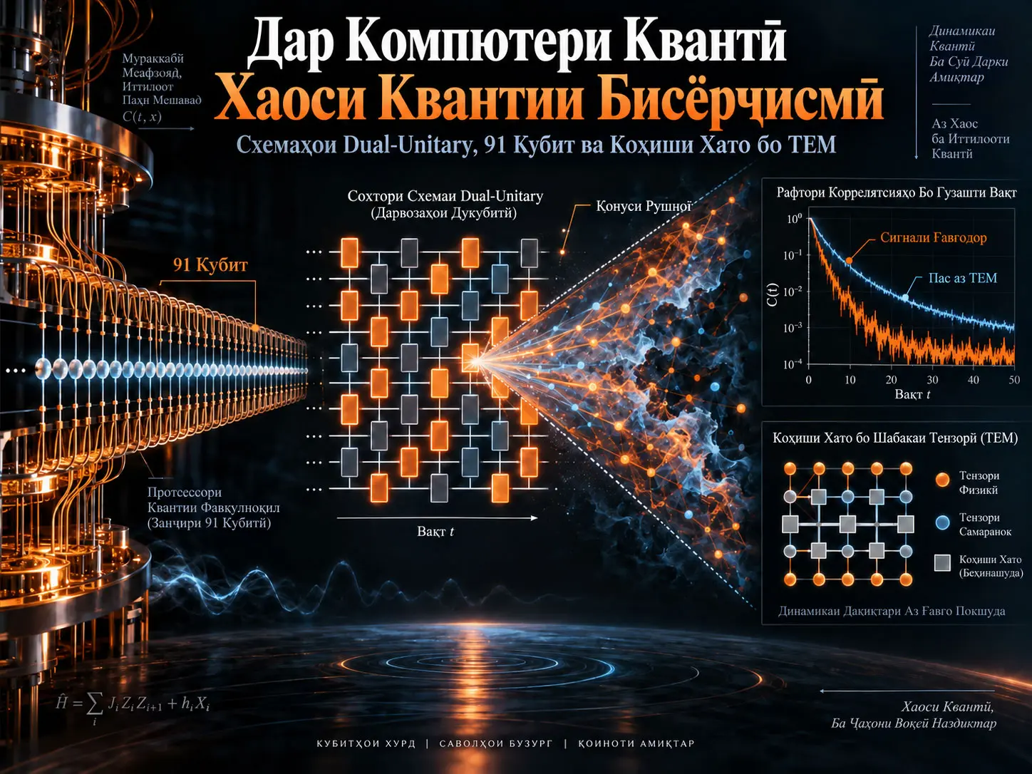Хаоси Квантии Бисёрҷисмӣ дар Компютери Квантӣ: Симулятсияи 91 Кубитӣ ва Коҳиши Хато бо Шабакаи Тензорӣ